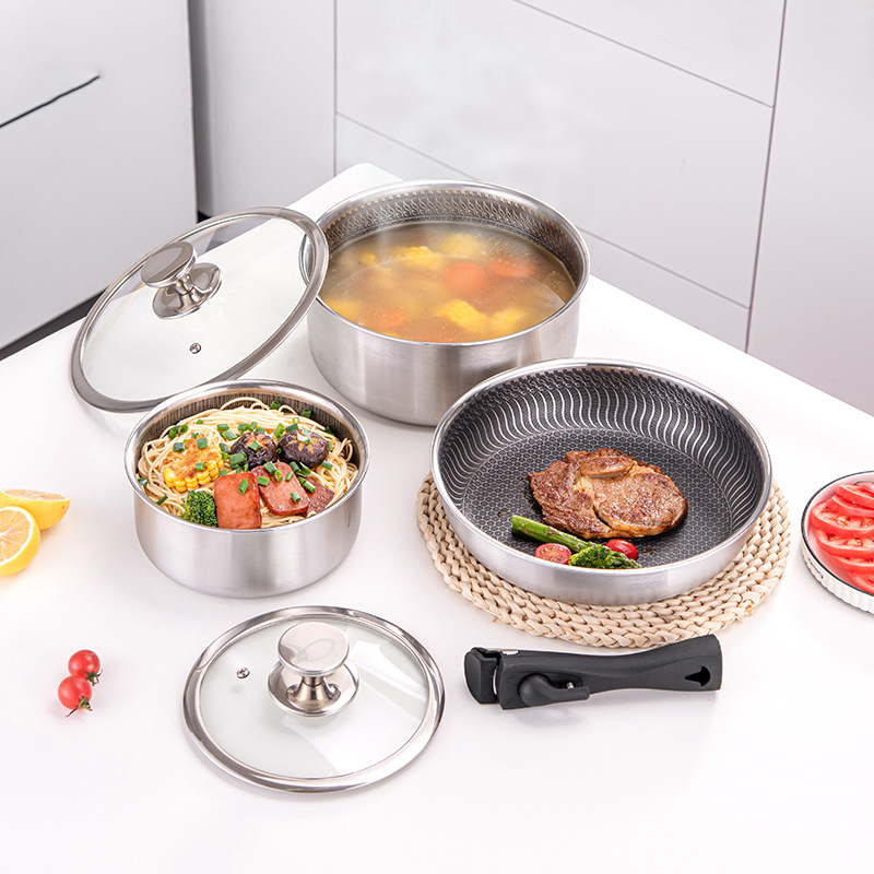 6 Pcs 3-ply Stainless Steel Co - đánh giá và giá Camping Cooking Set Detachable Handle